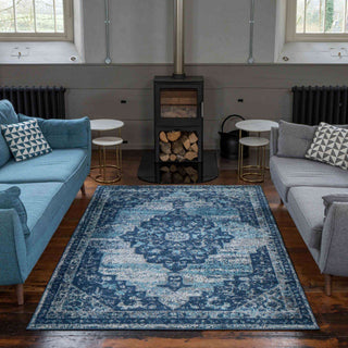 Faded Distressed Navy Blue Oriental Pattern Rug