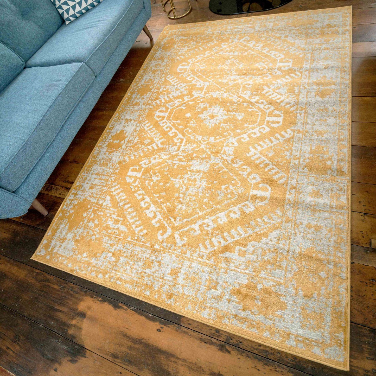 Faded Distressed Yellow Traditional Pattern Hall Runner Rug