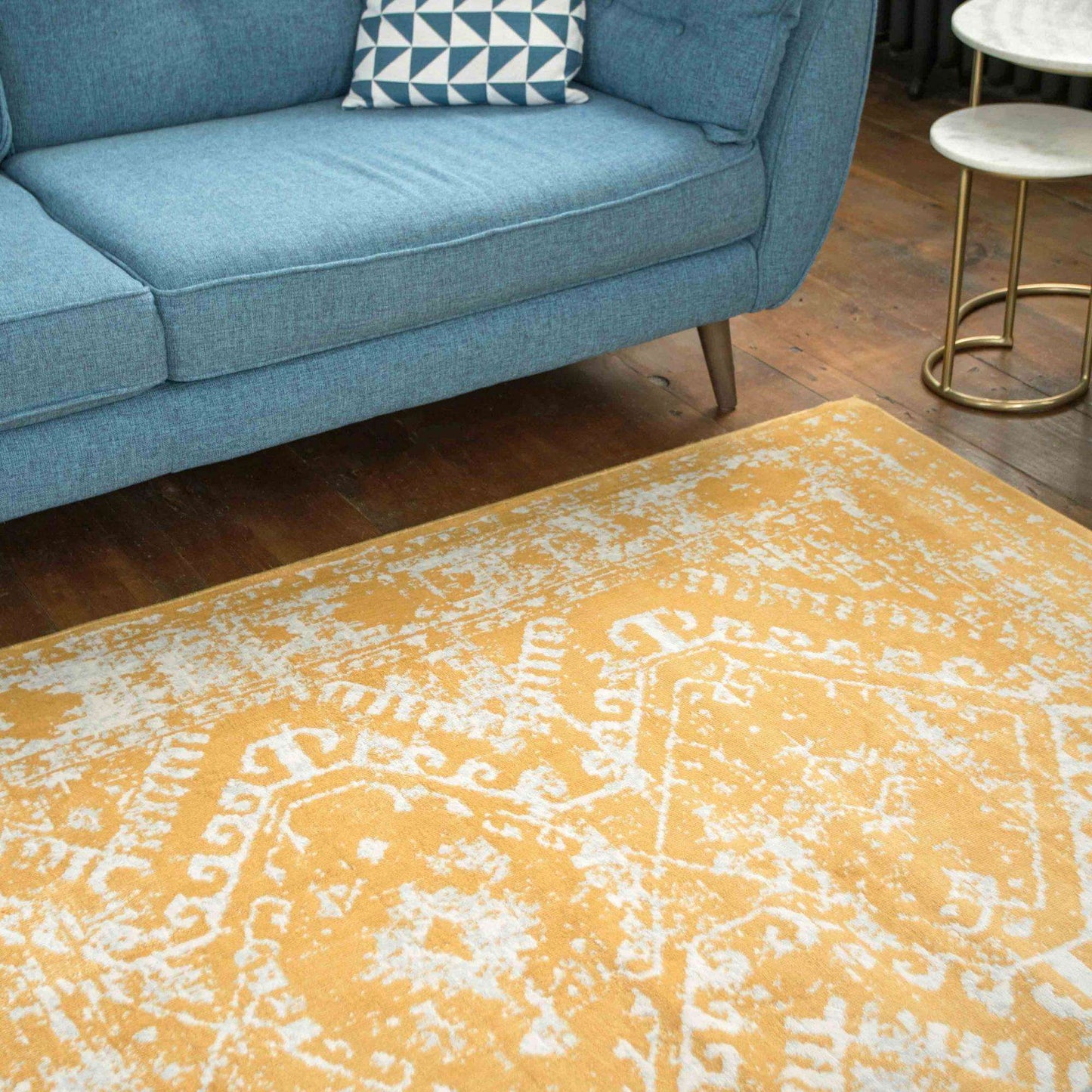 Faded Distressed Yellow Traditional Pattern Hall Runner Rug