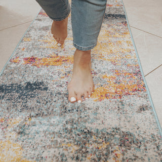 Gold Blue Distressed Living Room Runner Rug