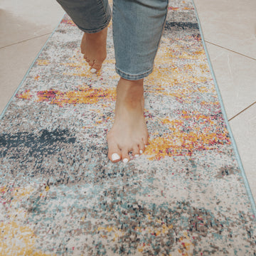 Gold Blue Distressed Living Room Runner Rug