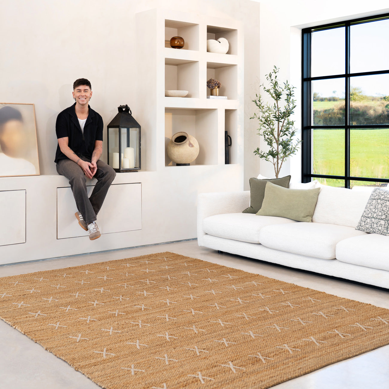 Handwoven Brown Jute Cross Stitch Rug - Callie