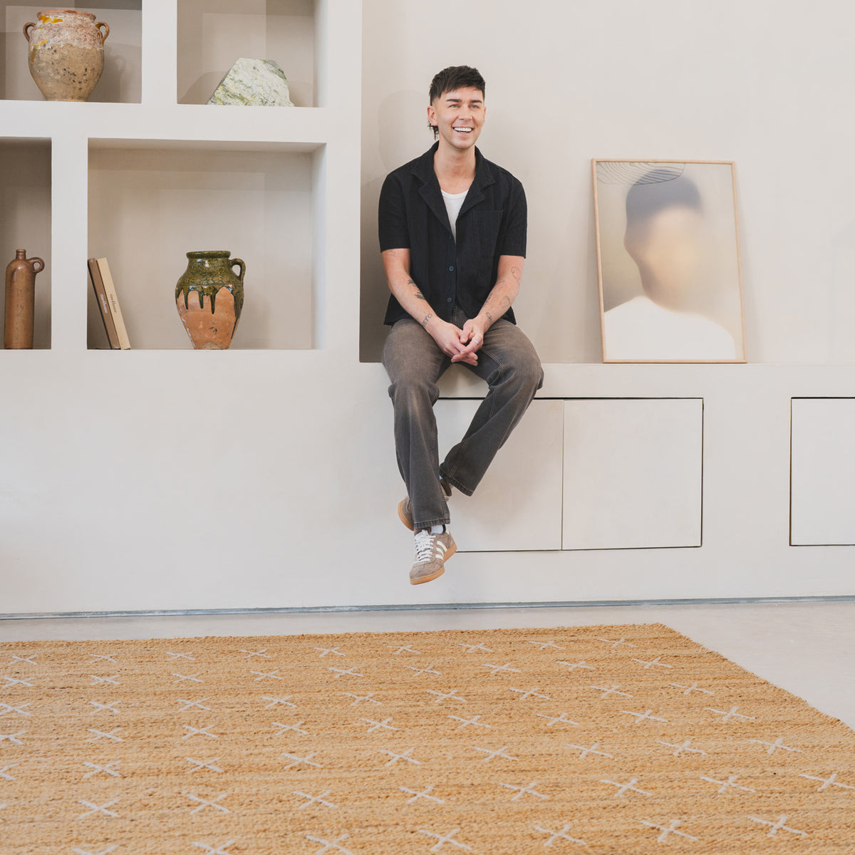 Handwoven Brown Jute Cross Stitch Rug - Callie