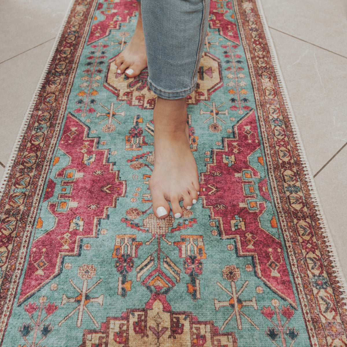 Flatwoven Washable Vibrant Teal Pink Distressed Boho Rug - Clarissa