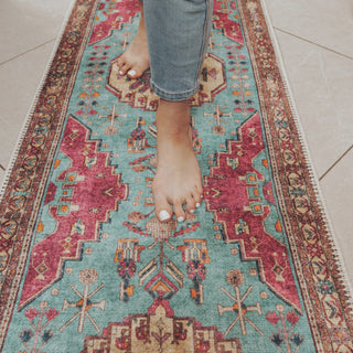 Flatwoven Washable Vibrant Teal Pink Distressed Boho Rug - Clarissa