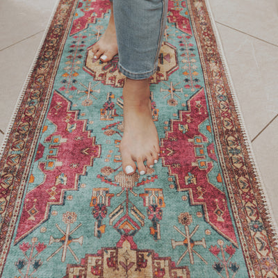 Flatwoven Washable Vibrant Teal Pink Boho Runner - Clarissa