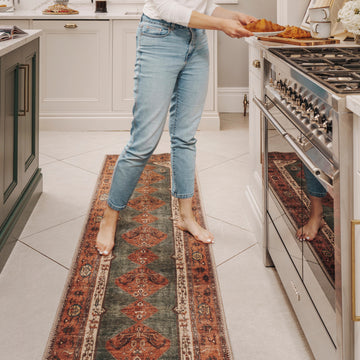 Flatwoven Washable Distressed Terracotta Green Boho Runner - Faro