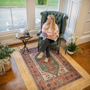 Flatwoven Washable Distressed Terracotta Green Boho Rug - Faro