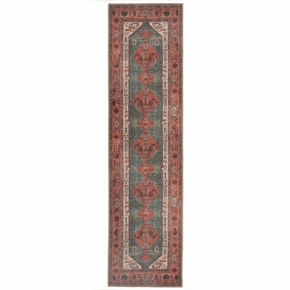 Flatwoven Washable Distressed Terracotta Green Boho Runner - Faro