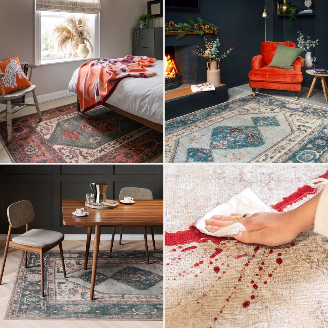 Distressed Bordered Washable Rug