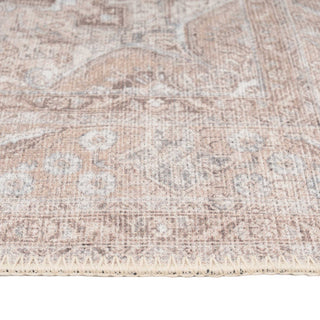 A close-up of a distressed traditional area rug with a faded beige, brown, and gray floral pattern, showing the woven texture and cream-colored fringed edge.