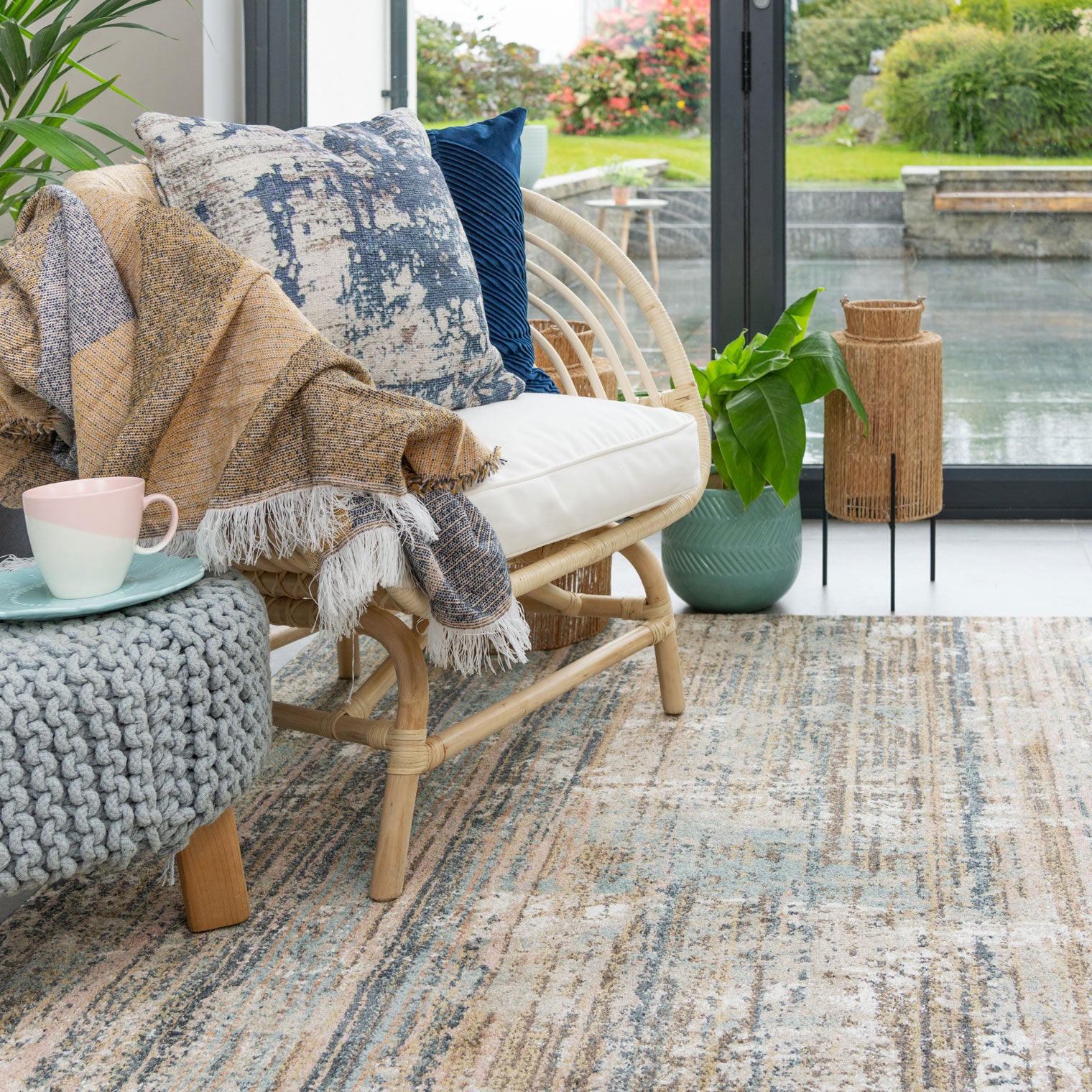 Soft Modern Blue Distressed Scratched Effect Rugs - Scatter