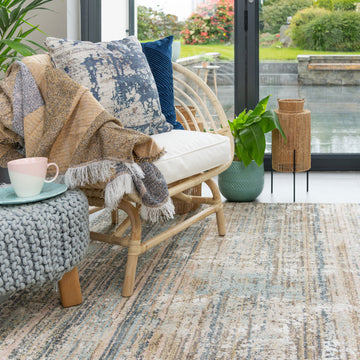 Soft Modern Blue Distressed Scratched Effect Rugs - Scatter