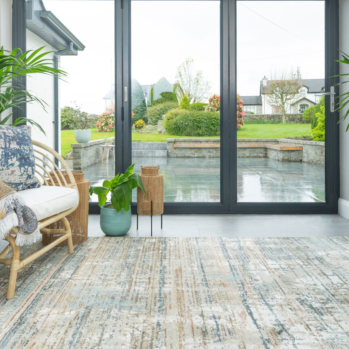 Soft Modern Blue Distressed Scratched Effect Rugs - Scatter