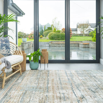 Soft Modern Blue Distressed Scratched Effect Rugs - Scatter