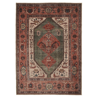 A rectangular vintage-style area rug with a distressed tribal pattern, featuring a muted green central field, rust-red borders, and cream accents.