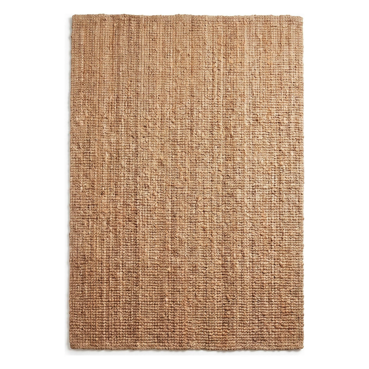 A rectangular natural jute rug with a textured, woven pattern in warm tan and brown tones, shown flat against a white background.