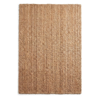A rectangular natural jute rug with a textured, woven pattern in warm tan and brown tones, shown flat against a white background.