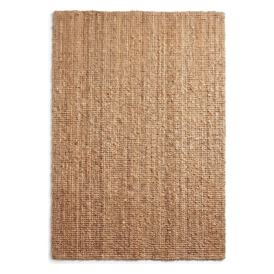 A rectangular natural jute rug with a textured, woven pattern in warm tan and brown tones, shown flat against a white background.