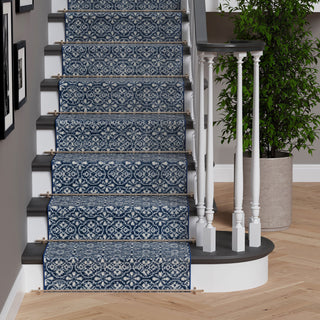 Navy Geometric Stair Carpet Runner - Cut to Measure