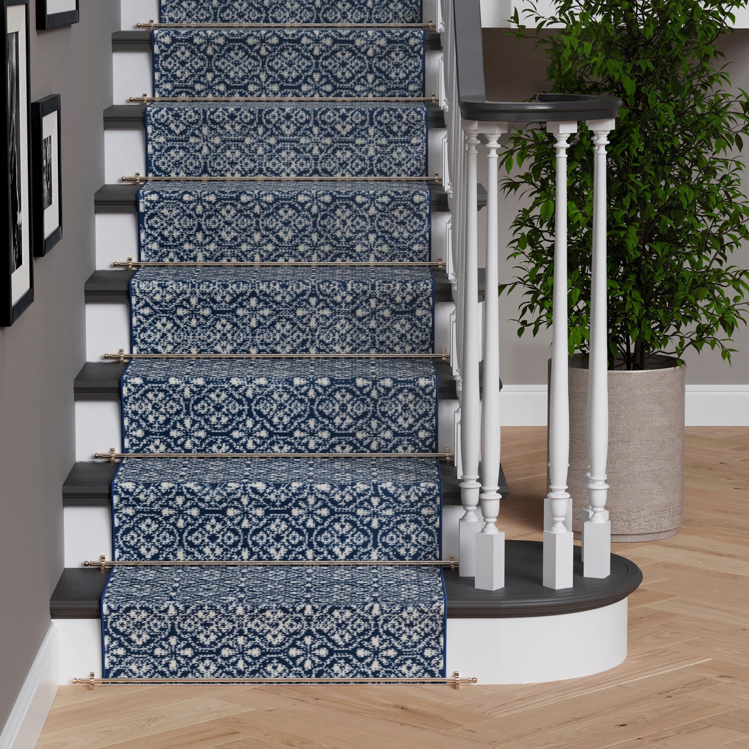 Navy Geometric Stair Carpet Runner - Cut to Measure
