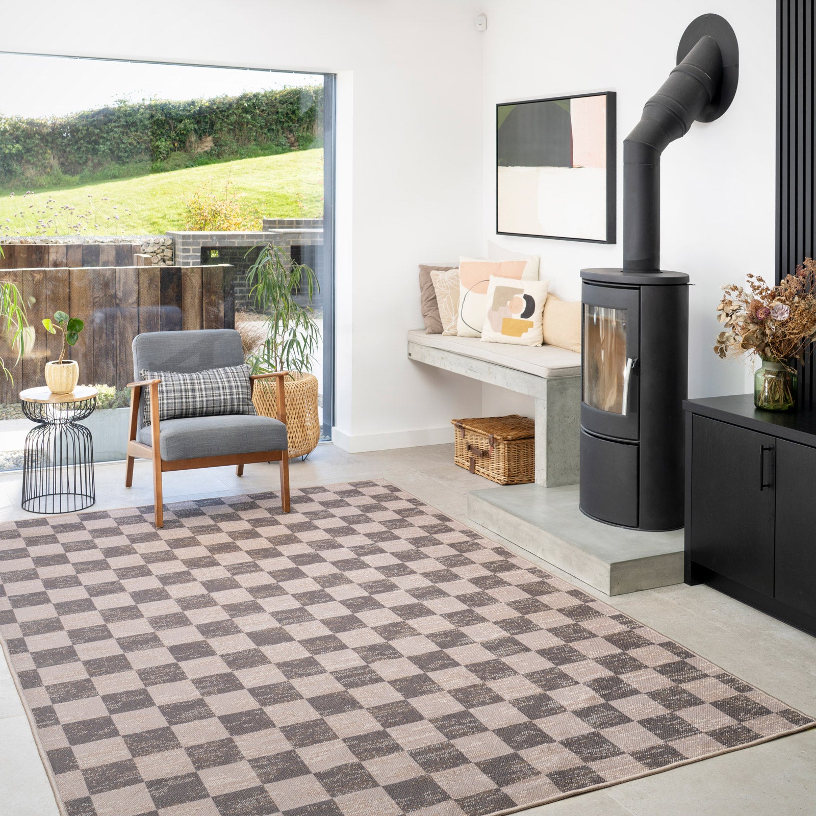 Washable Brown Checkerboard Jute Style Rug - Juno