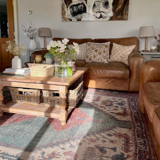 Flatwoven Washable Distressed Terracotta Green Boho Rug - Faro
