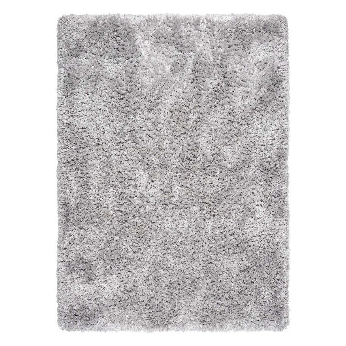A rectangular shag area rug in a light gray color, shown from a top-down view against a plain white background.