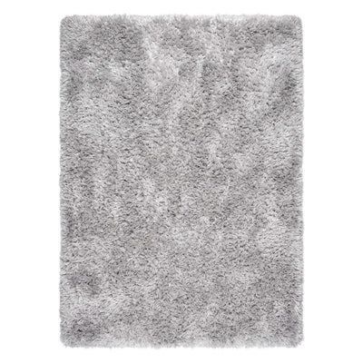 A rectangular shag area rug in a light gray color, shown from a top-down view against a plain white background.