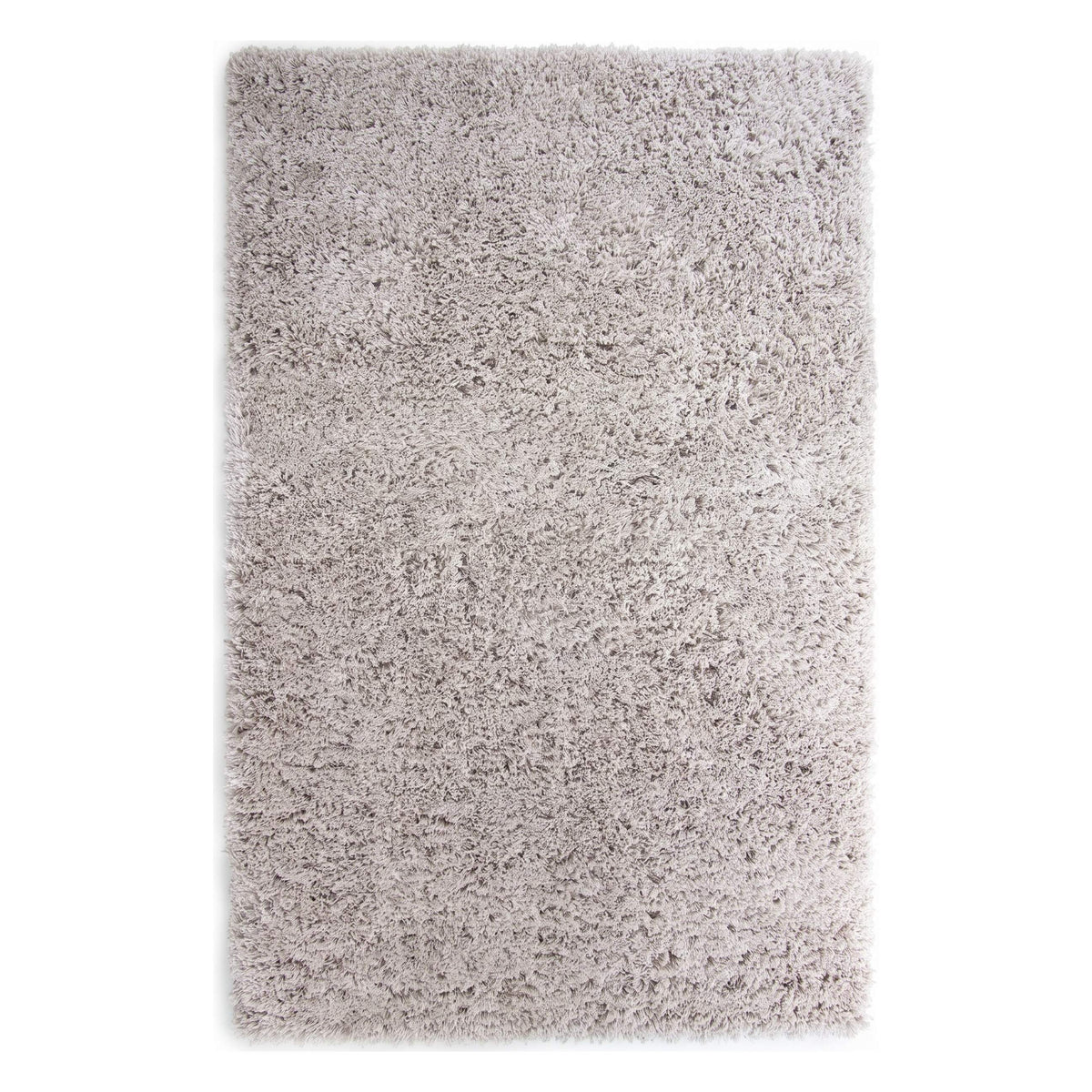 A rectangular shag area rug in a light gray and white mottled color, shown flat against a white background.