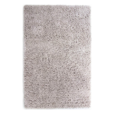 A rectangular shag area rug in a light gray and white mottled color, shown flat against a white background.