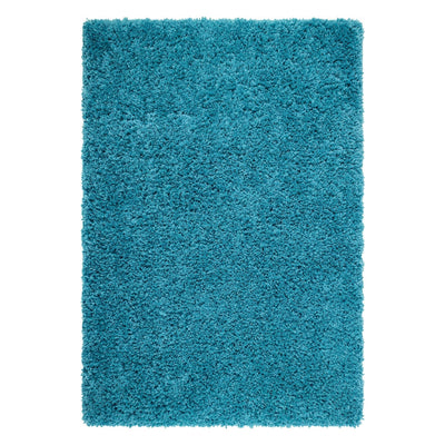A rectangular turquoise blue shag rug with a thick, high-pile texture, shown flat against a solid white background.