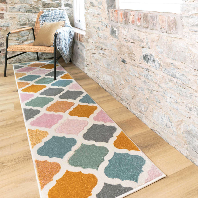 Colourful Pastel Trellis Hall Runner Rug