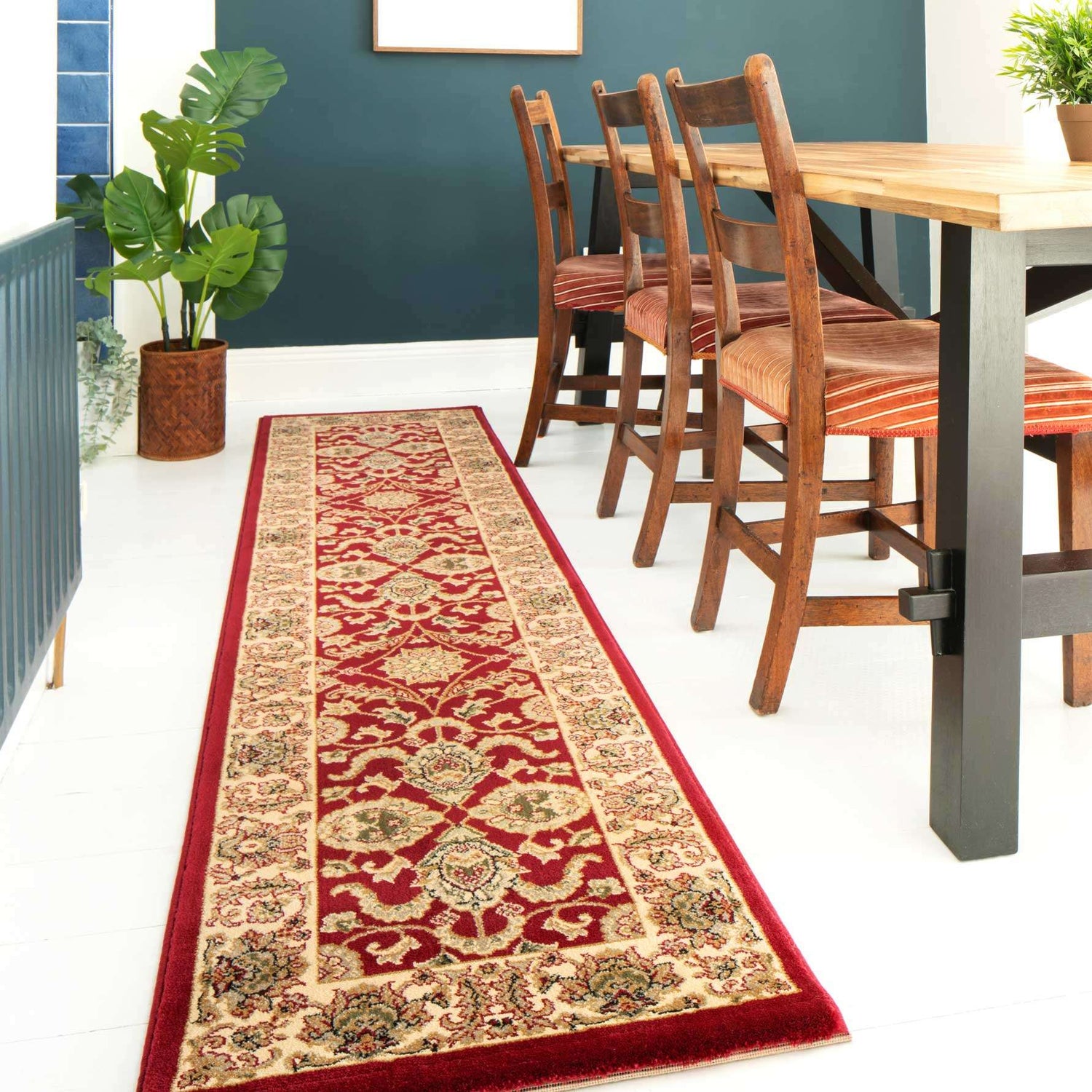 Traditional Red Motif Bordered Runner Rug