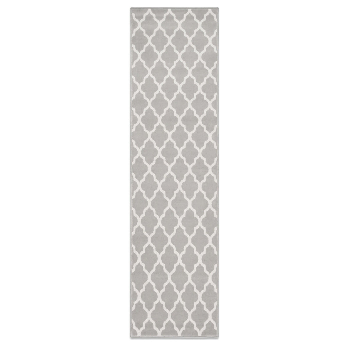 A long rectangular area rug with a light gray and white repeating geometric trellis pattern, shown flat against a plain white background.