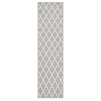 A long rectangular area rug with a light gray and white repeating geometric trellis pattern, shown flat against a plain white background.