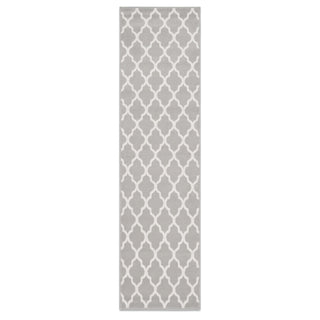 A long rectangular area rug with a light gray and white repeating geometric trellis pattern, shown flat against a plain white background.