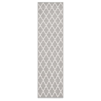 A long rectangular area rug with a light gray and white repeating geometric trellis pattern, shown flat against a plain white background.