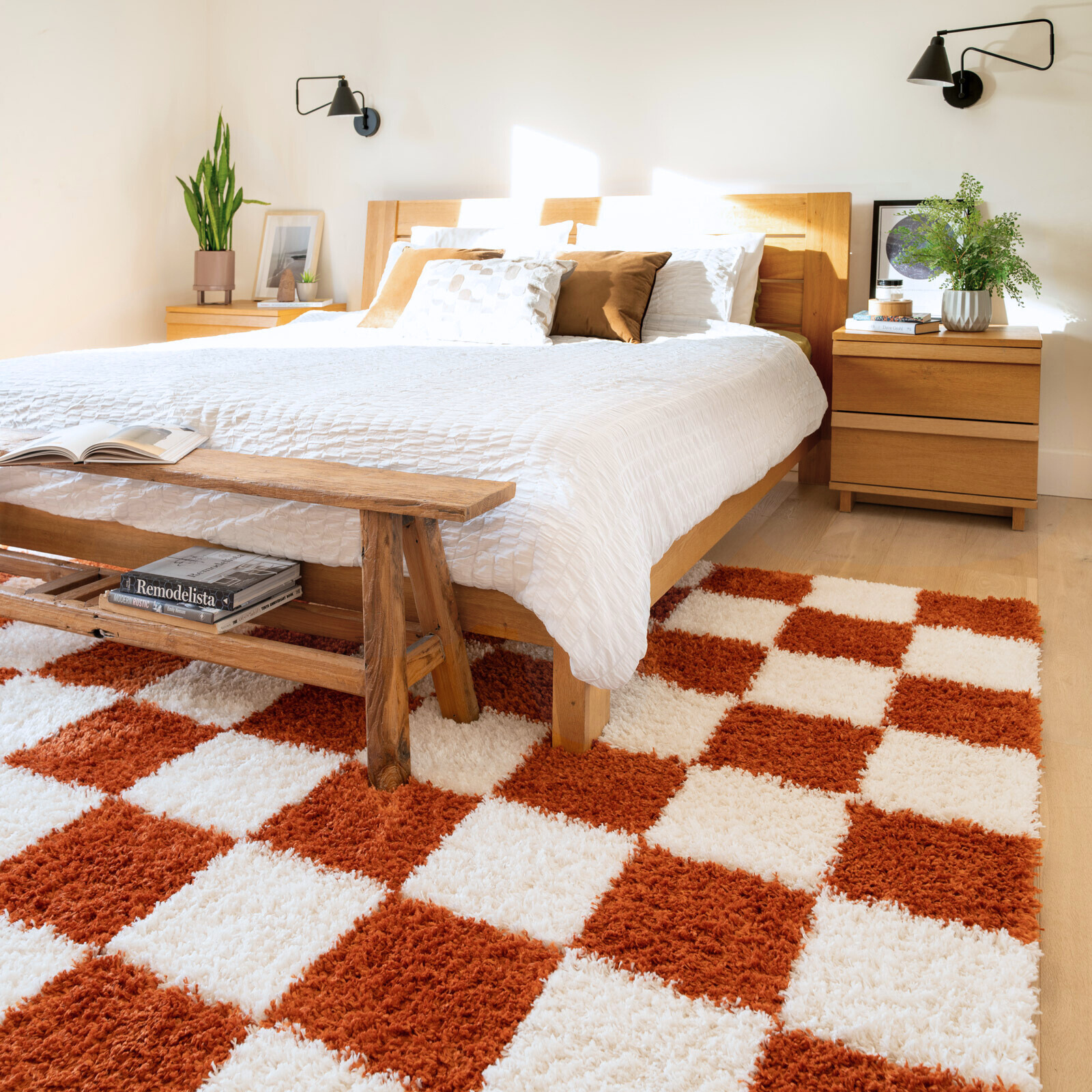 Soft Rust Checkerboard Shaggy Rug - Gigi