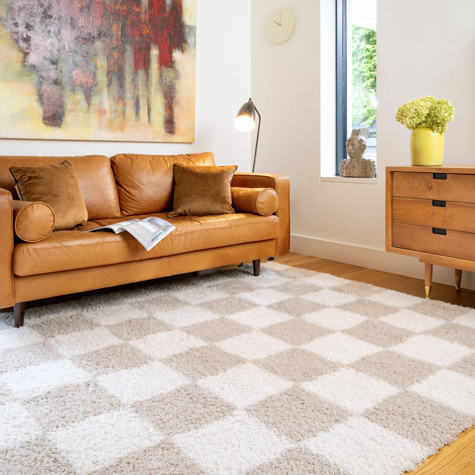 Soft Beige Checkerboard Shaggy Rug - Konnie