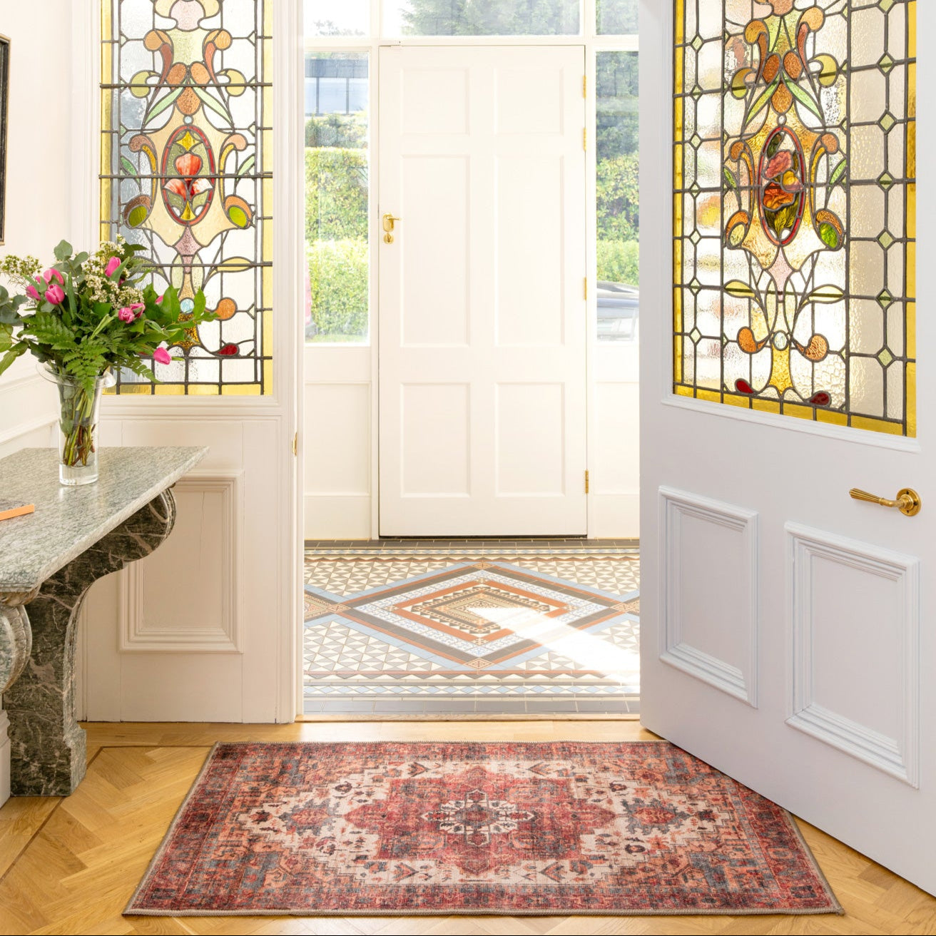 Soft Washable Red Antique Doormat - Eliza