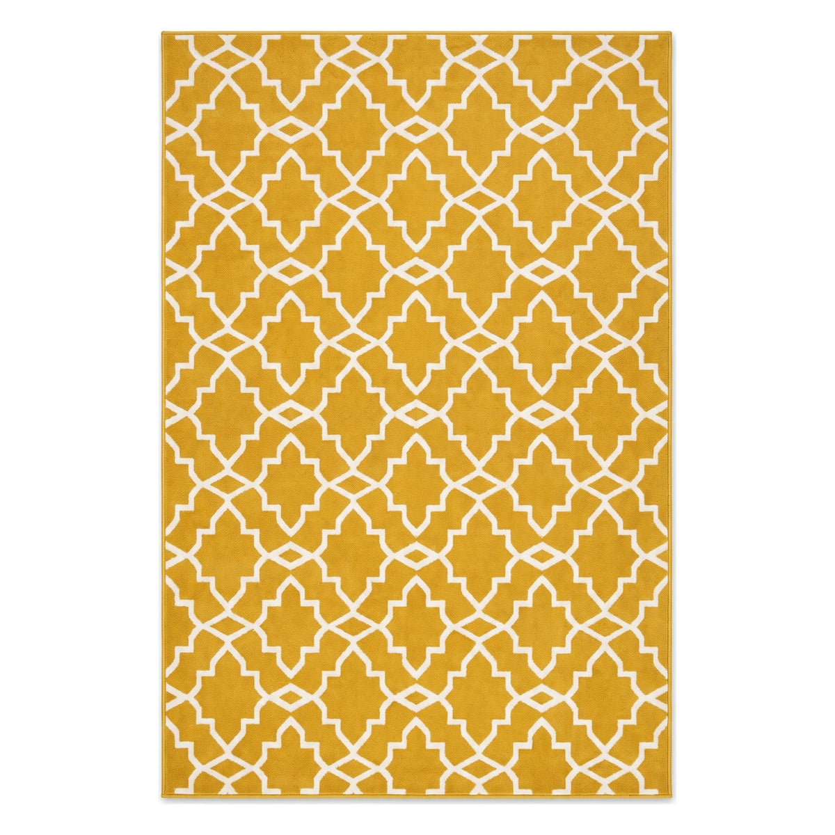 A rectangular area rug with a mustard yellow background and a white geometric trellis pattern, shown flat against a white background.