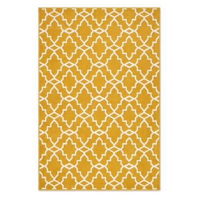A rectangular area rug with a mustard yellow background and a white geometric trellis pattern, shown flat against a white background.