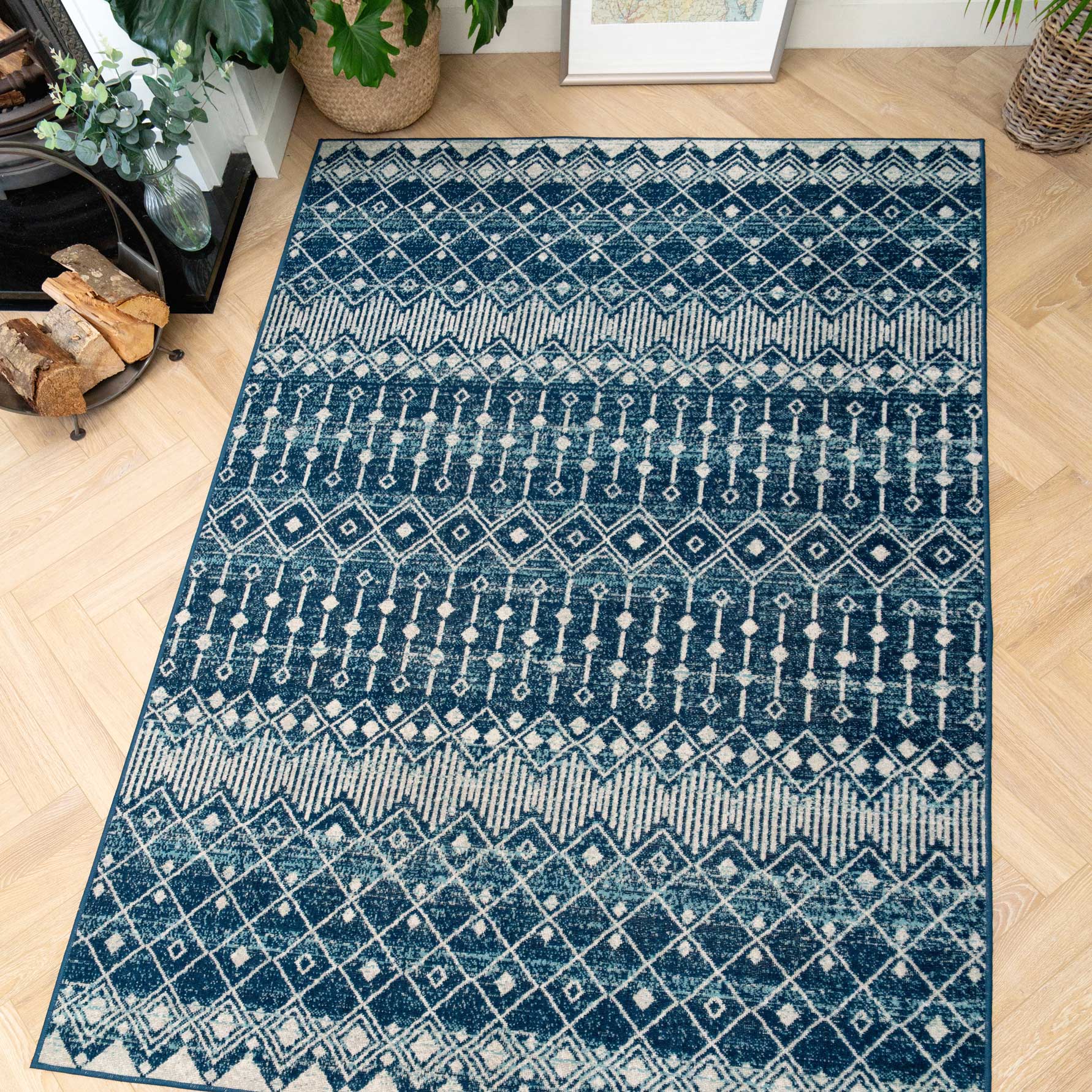 Blue Moroccan Tile Living Room Rug