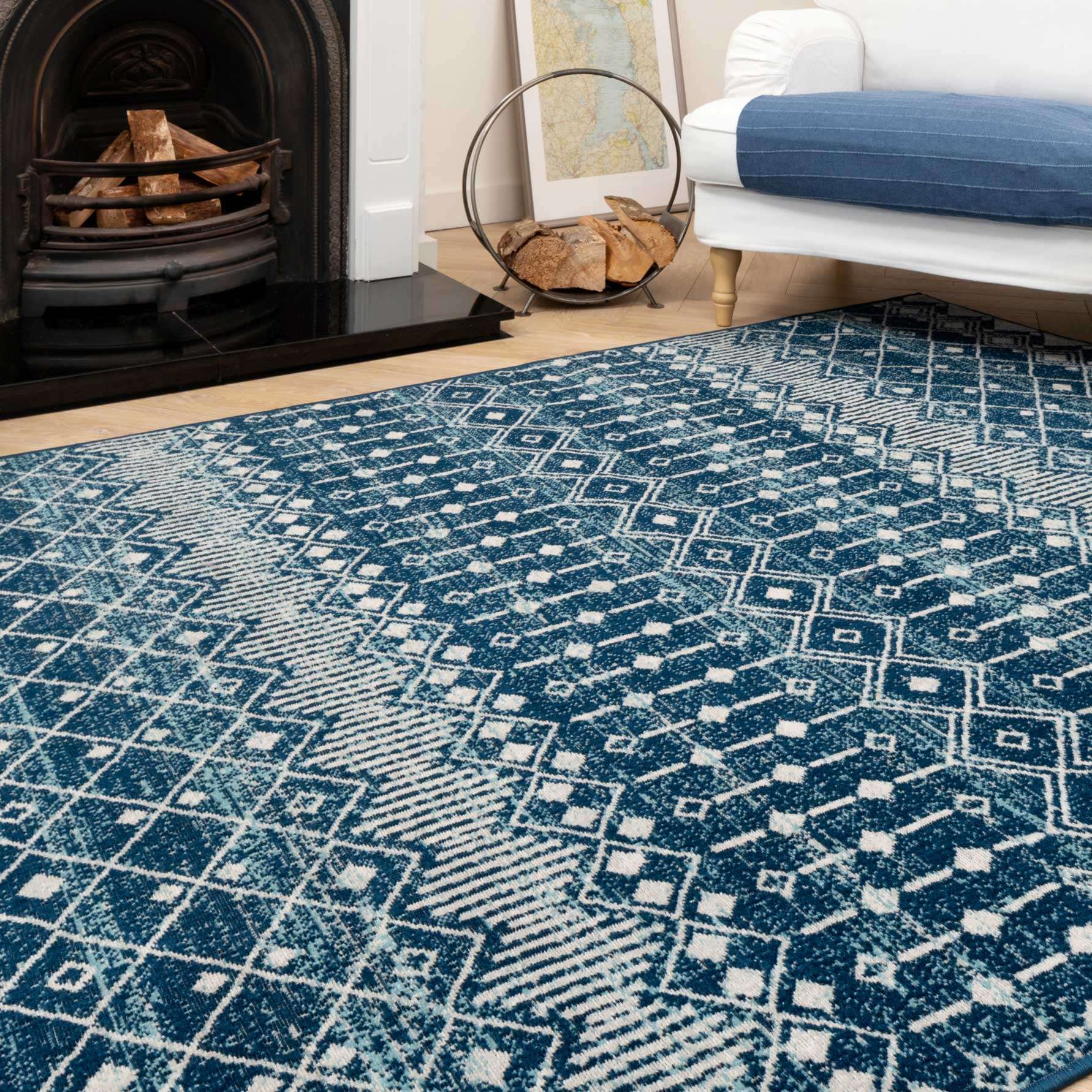 Blue Moroccan Tile Living Room Rug