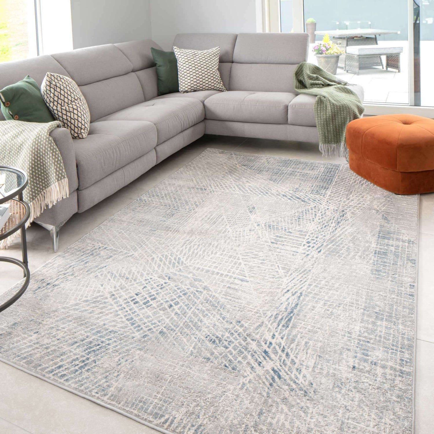 Modern Blue Distressed Abstract Living Room Rug