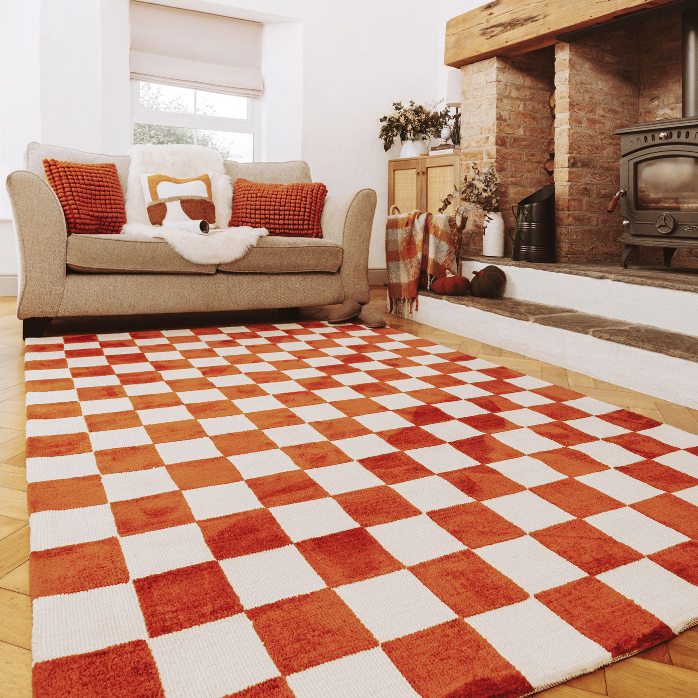 Burnt Orange Retro Checkerboard Rug - Maze Rust