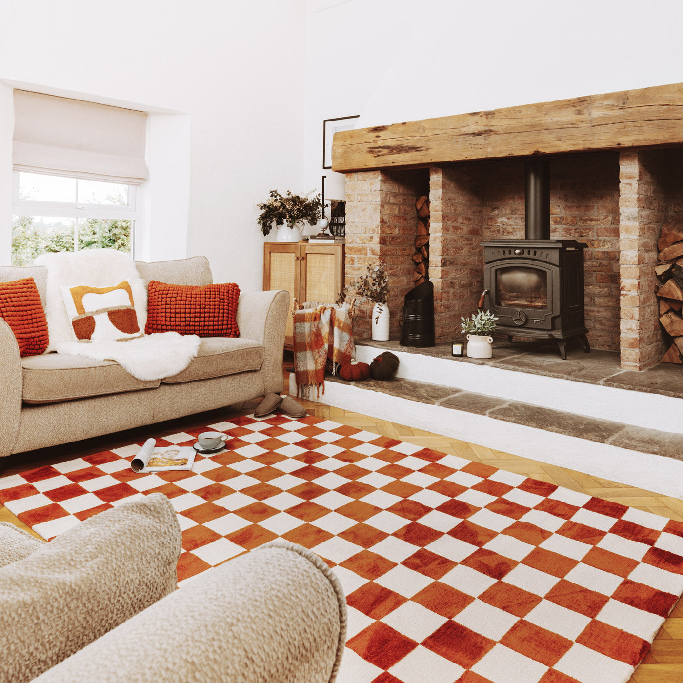 Burnt Orange Retro Checkerboard Rug - Maze Rust
