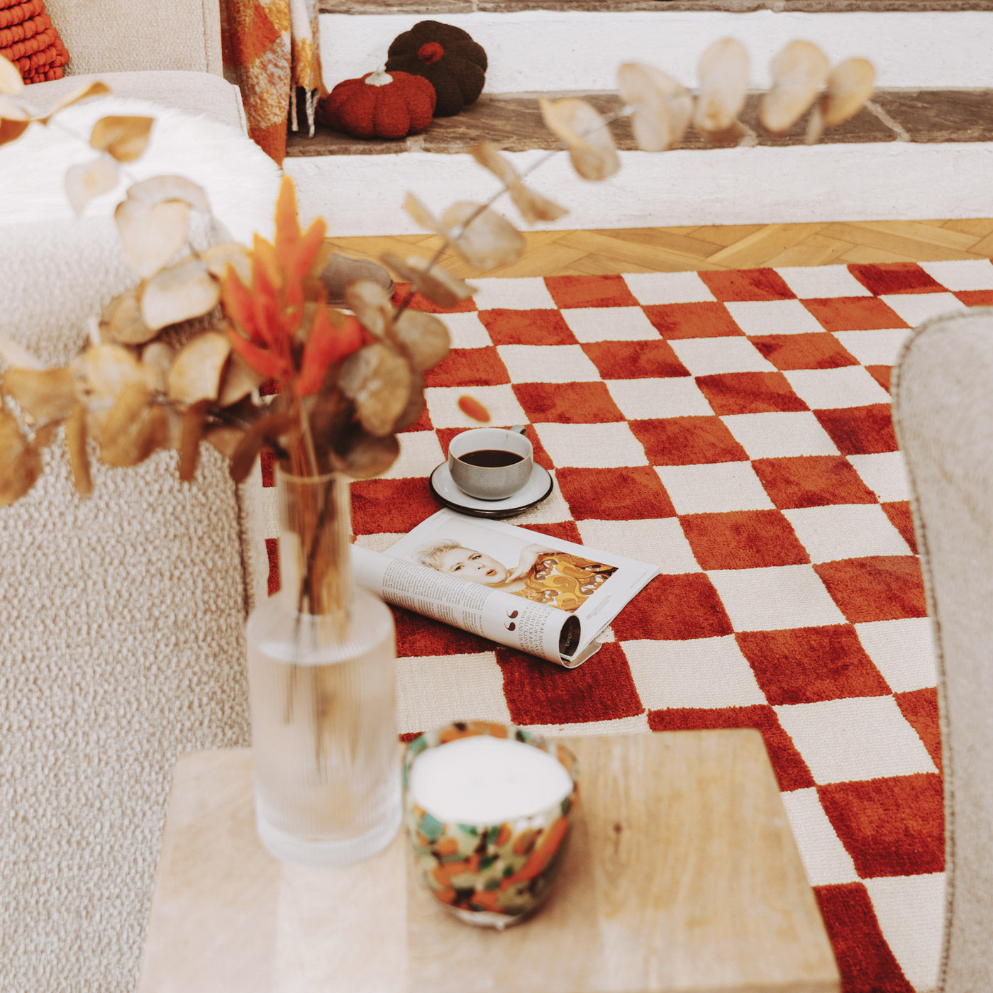 Burnt Orange Retro Checkerboard Rug - Maze Rust