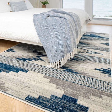 Grey Navy Aztec Living Room Rug